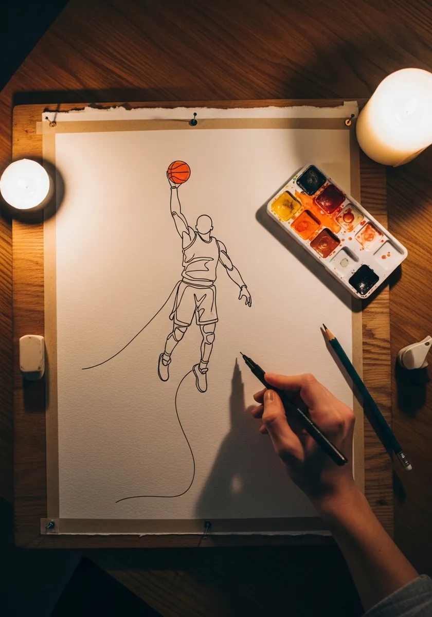 Single continuous line drawing of a player mid-dunk with a small ball