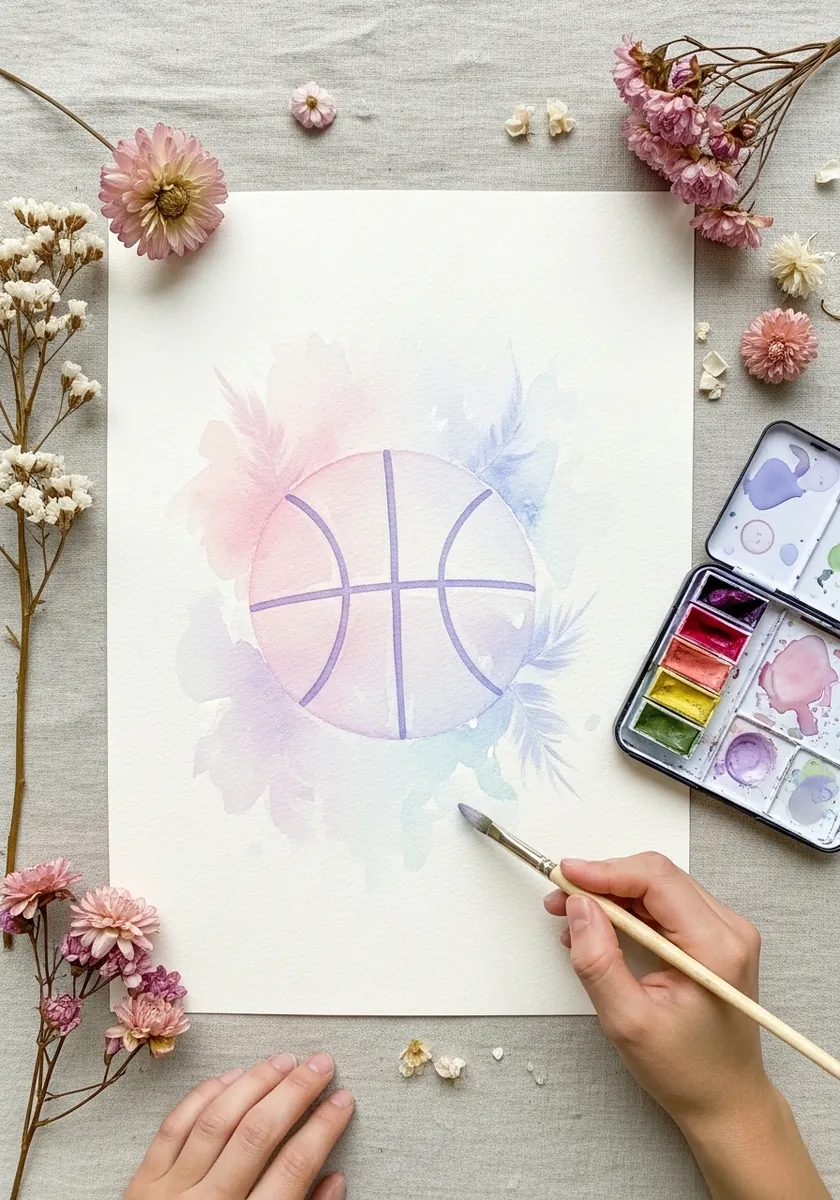 Very pale pastel basketball painted softly with dried flowers around it