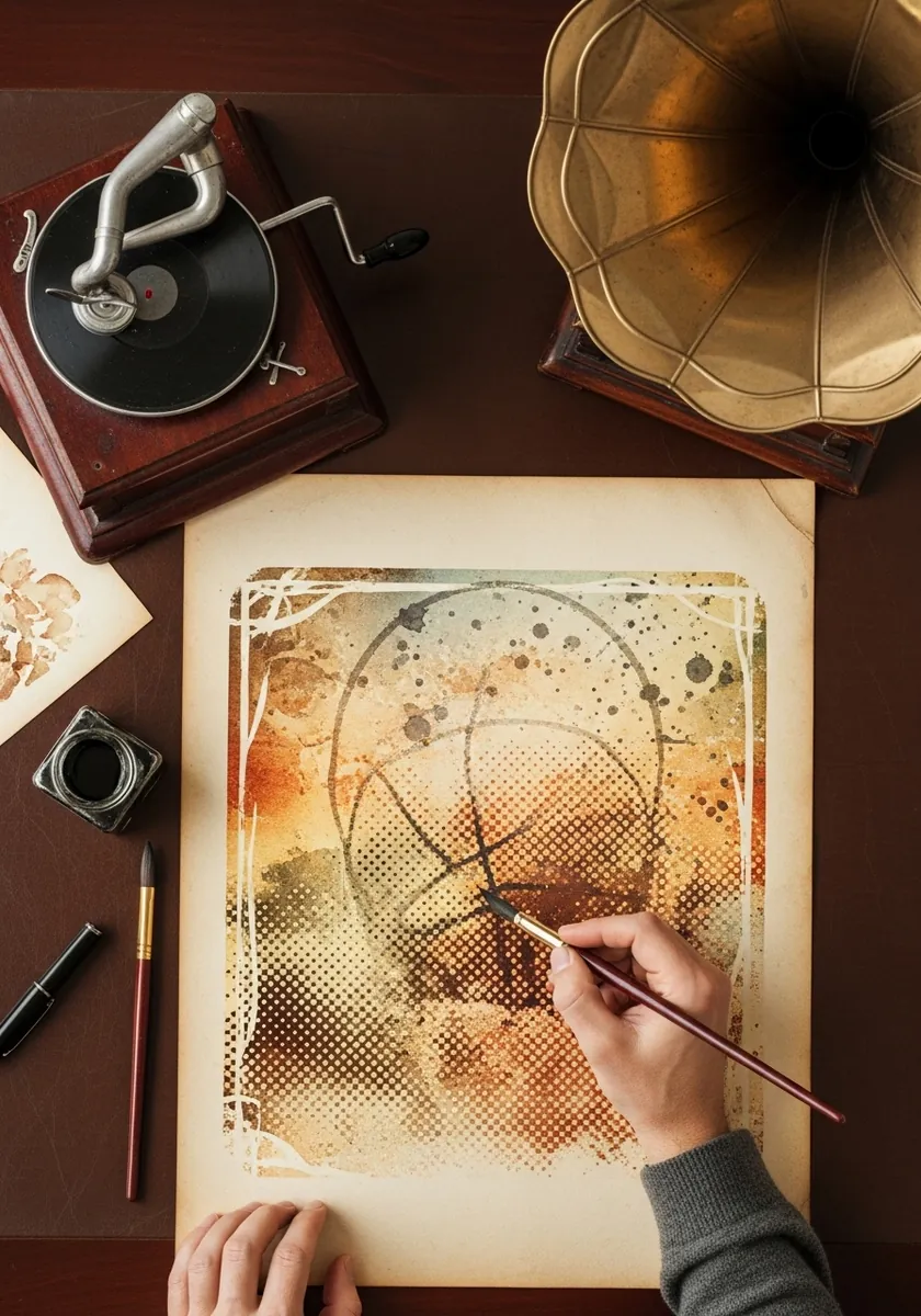 Sepia toned basketball with halftone texture on aged looking paper