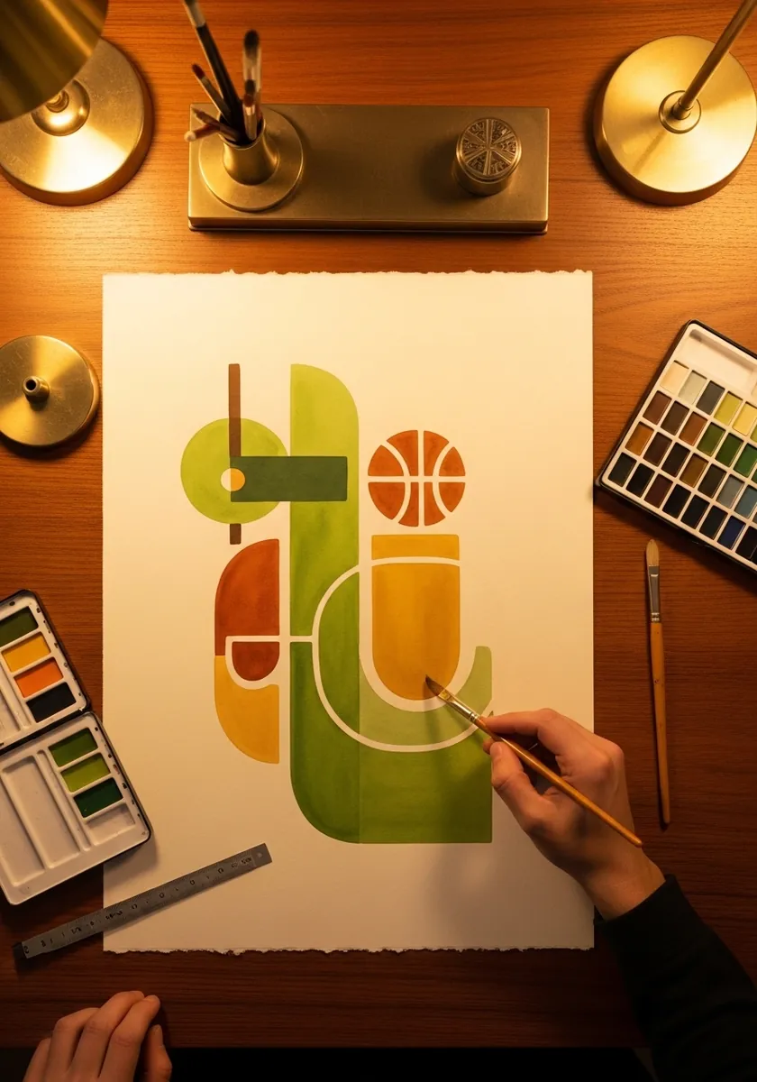 Retro geometric composition in olive and orange with a small basketball