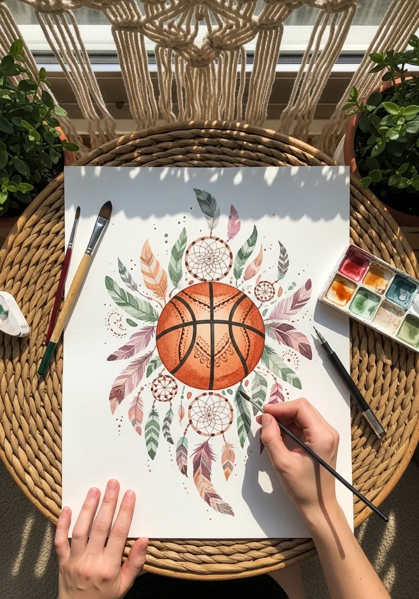 Basketball inside a boho dreamcatcher with feathers and hanging beads