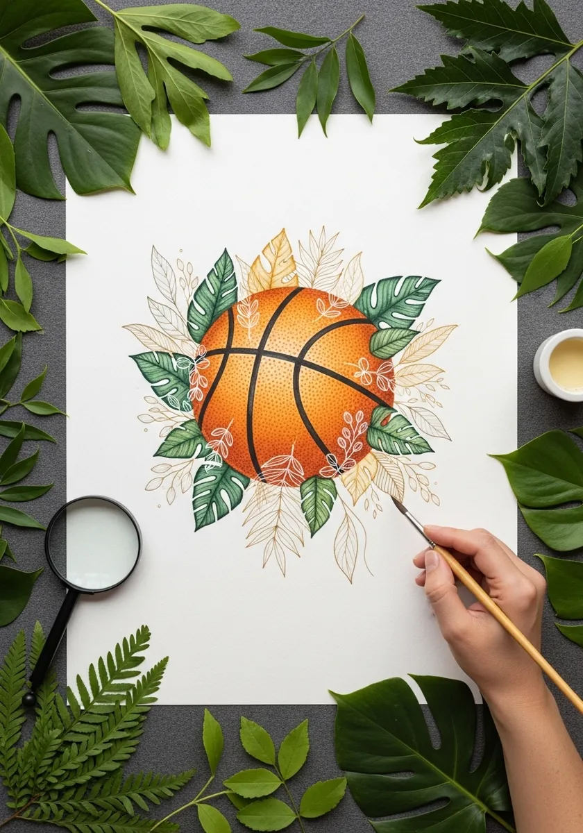 Basketball surrounded by a wreath of detailed green botanical leaves