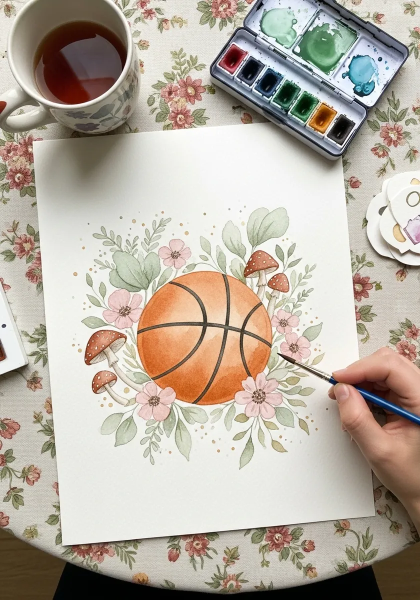 Basketball framed by soft watercolor flowers, foliage and small mushrooms