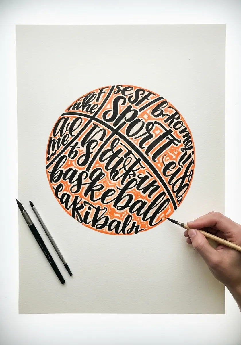 Basketball outline filled entirely with flowing hand lettered words