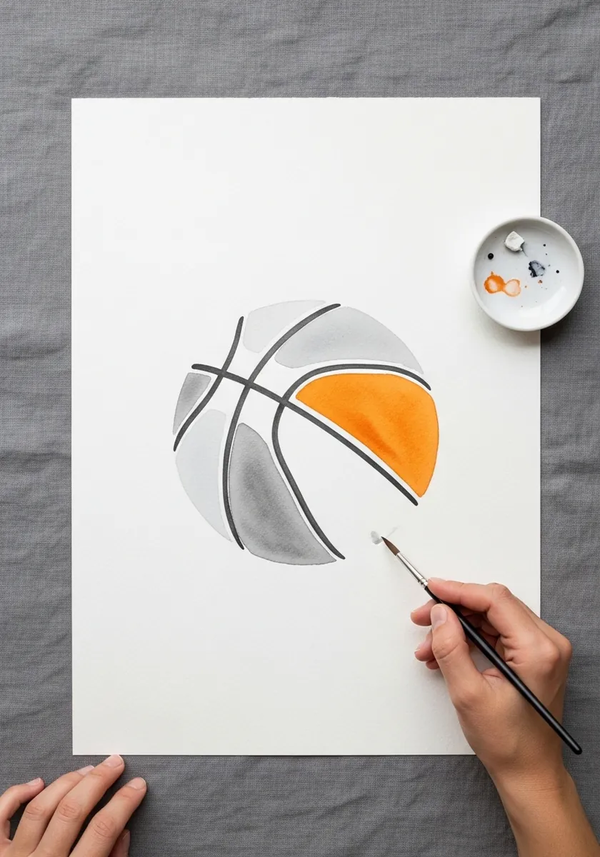 Minimal design with half a basketball in orange and half in flat gray