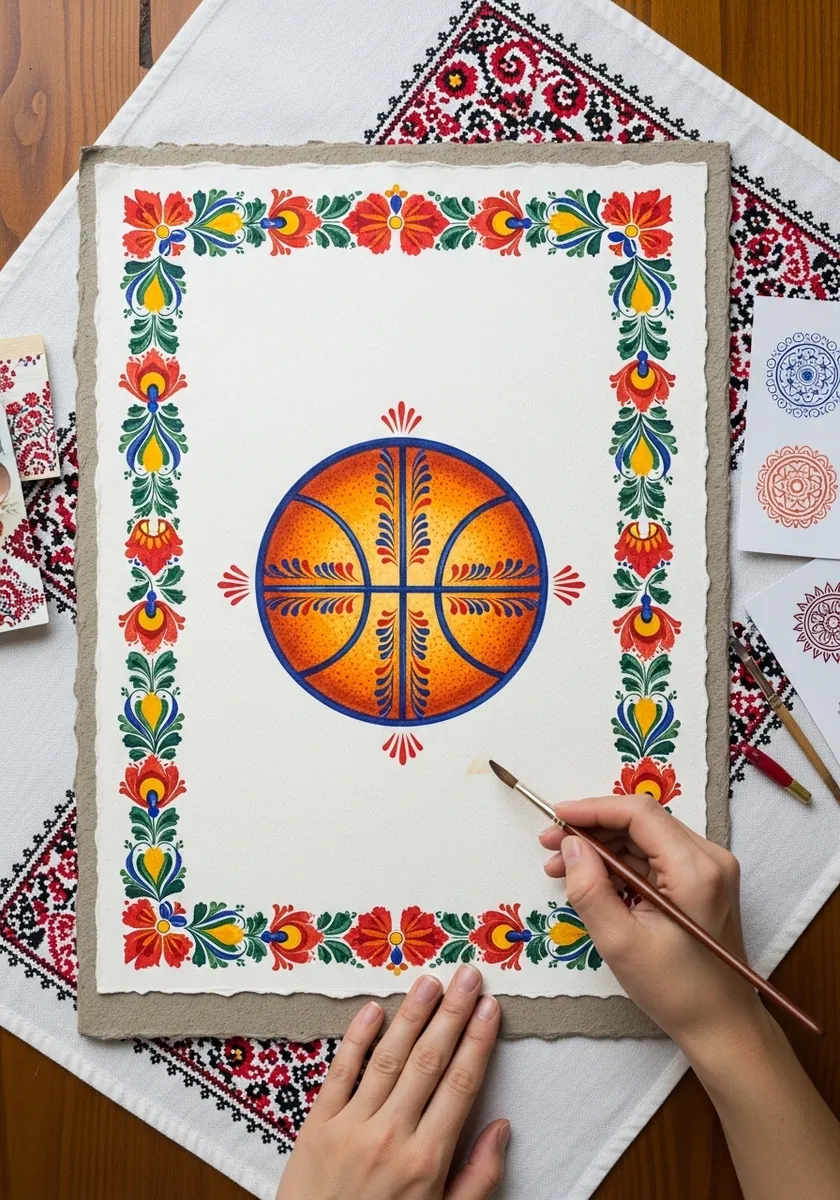 Basketball inside a bright folk art embroidered style border pattern