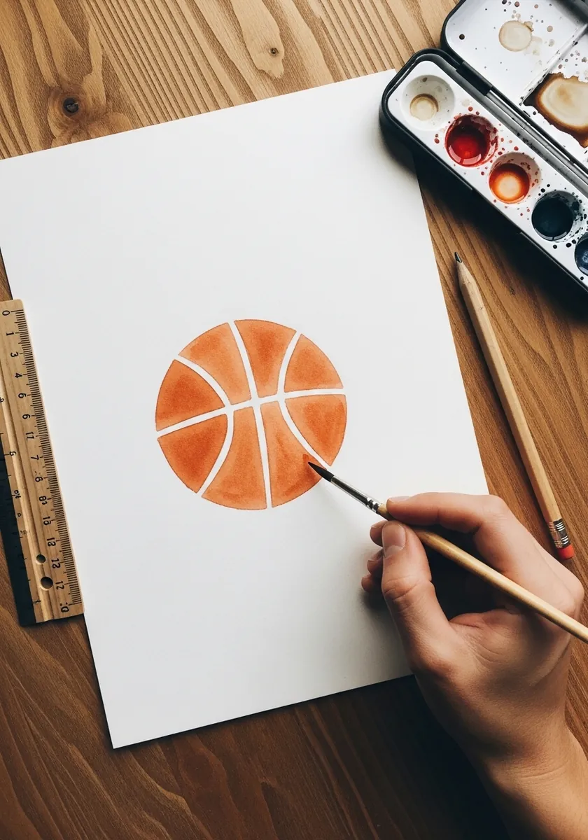 Simple flat orange watercolor basketball with clean black seam lines