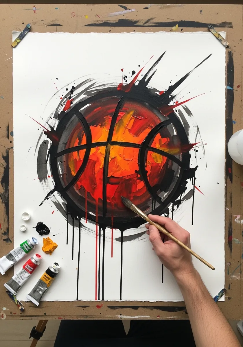 Basketball on a dark ground with red ink swirling dramatically around it