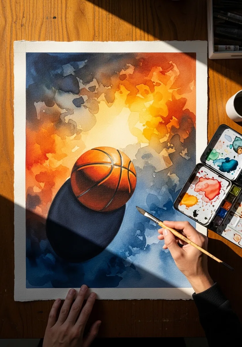 Basketball on a background split between warm orange and cool blue washes