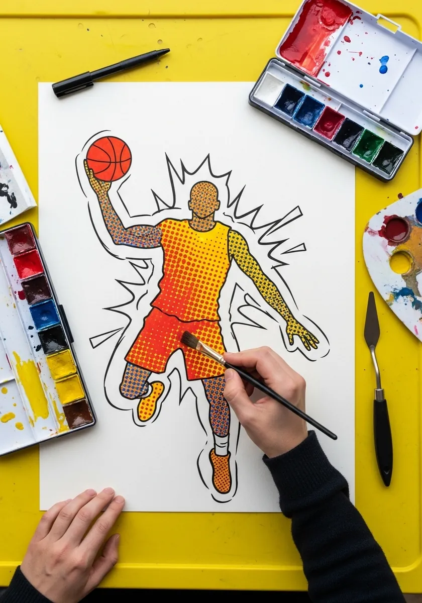 Bold pop art player dunking with halftone dots on a flat yellow background