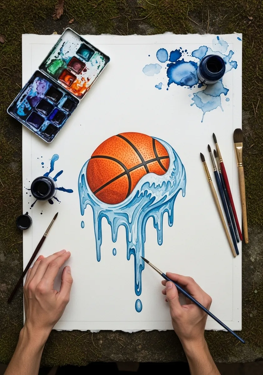 Basketball with bright blue watercolor paint dripping down beneath it