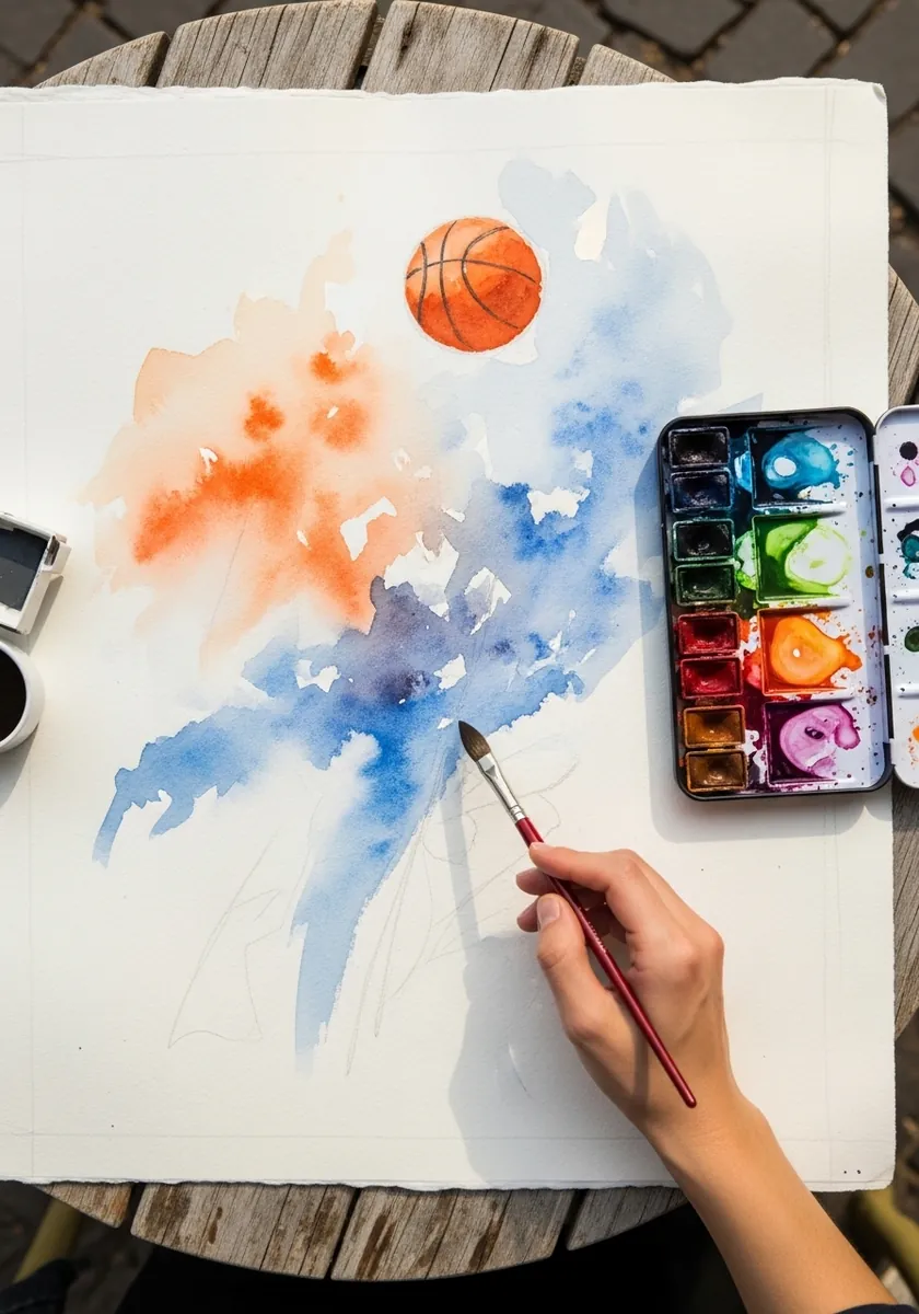 Loose blue and orange watercolor wash with a small basketball floating above
