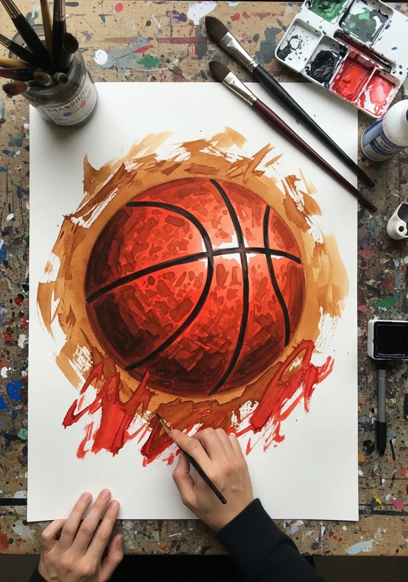 Basketball surrounded by red and orange flame shapes in watercolor