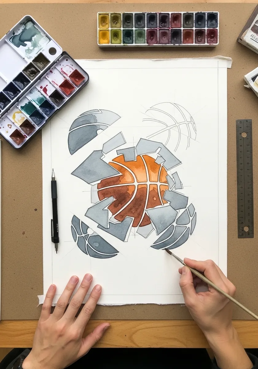 Gray geometric drawing of a basketball breaking apart into angular fragments