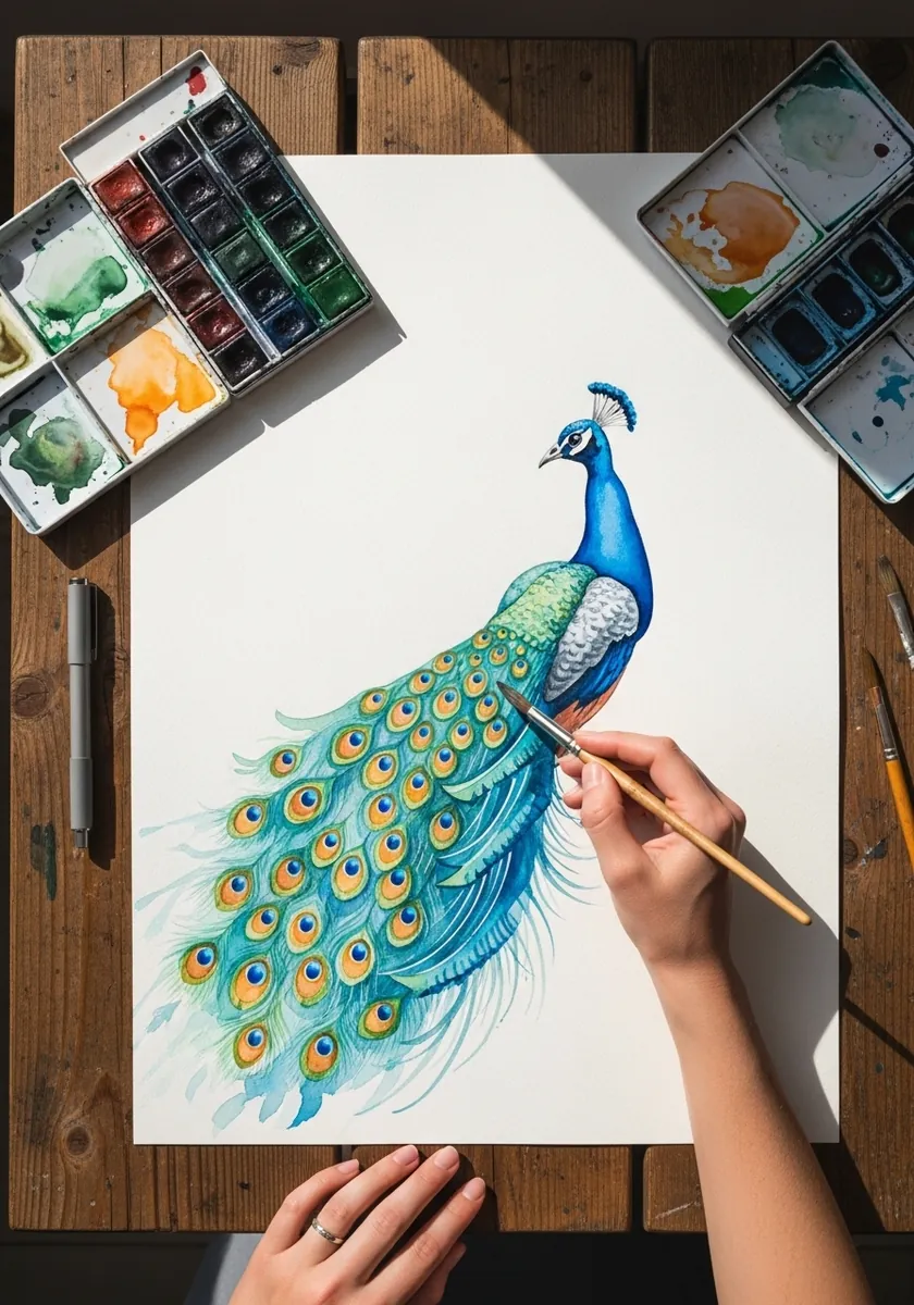 Watercolor peacock with a long teal and green tail full of eye feathers