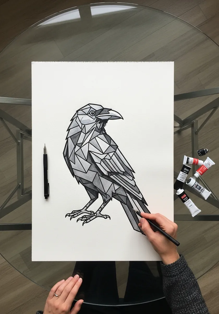 Low poly crow built from gray triangular facets on white paper