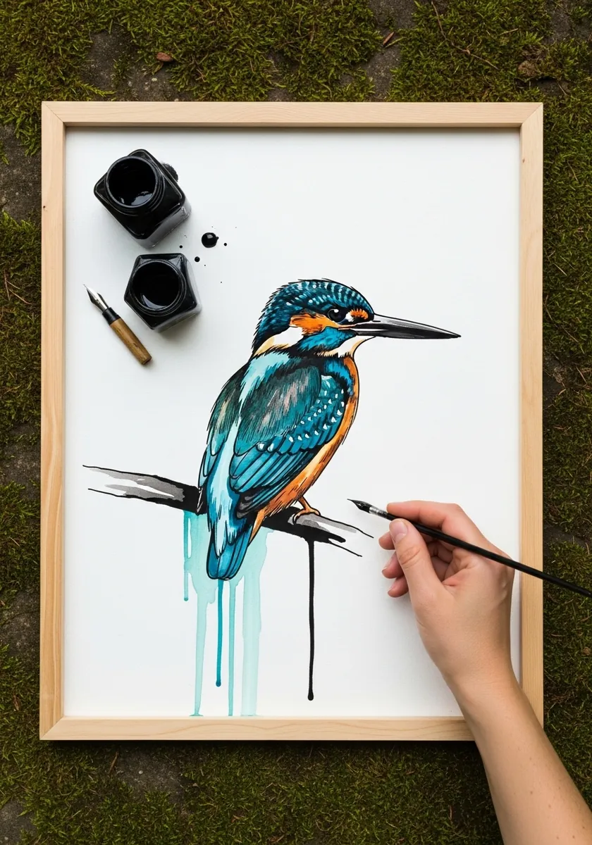 Kingfisher in teal and orange watercolor with black ink drips below it