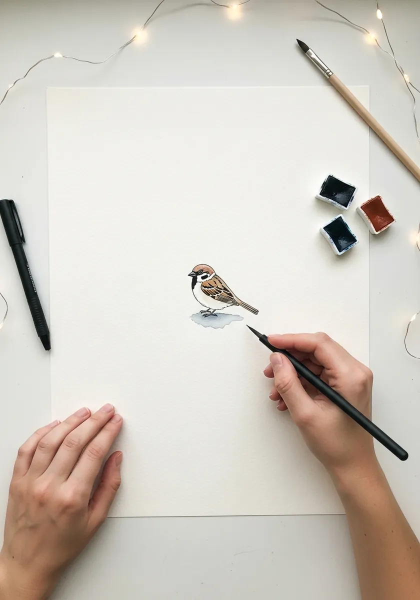 Very small watercolor sparrow painted alone on a large empty white page