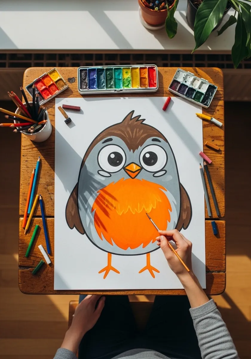 Cartoon robin with huge round eyes and a bright orange breast