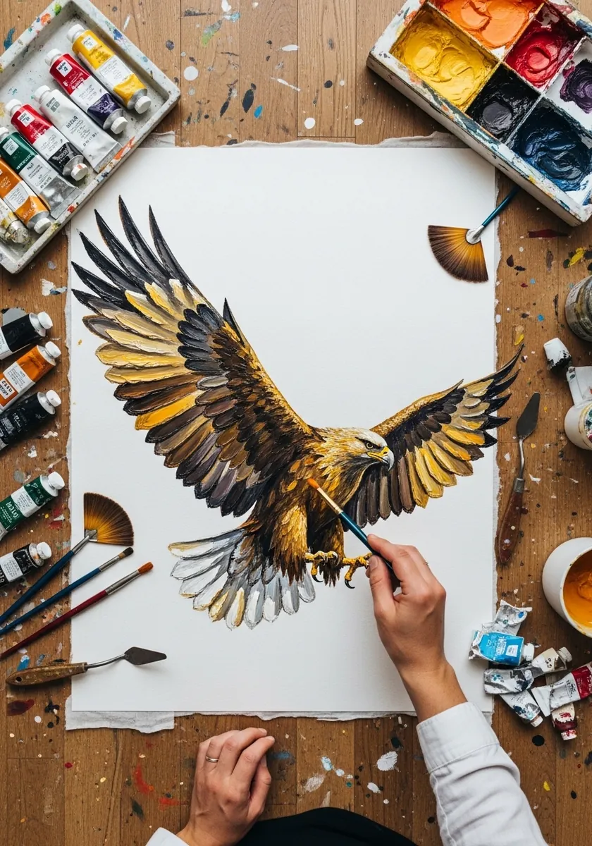 Detailed watercolor golden eagle with wings fully spread in gold and brown