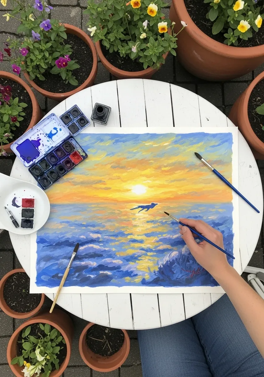 Gouache painting of a small seagull flying over a golden sunset sea