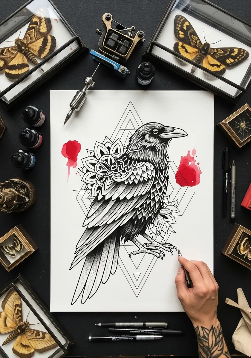 Black ink tattoo style raven over geometric shapes with red ink splatter