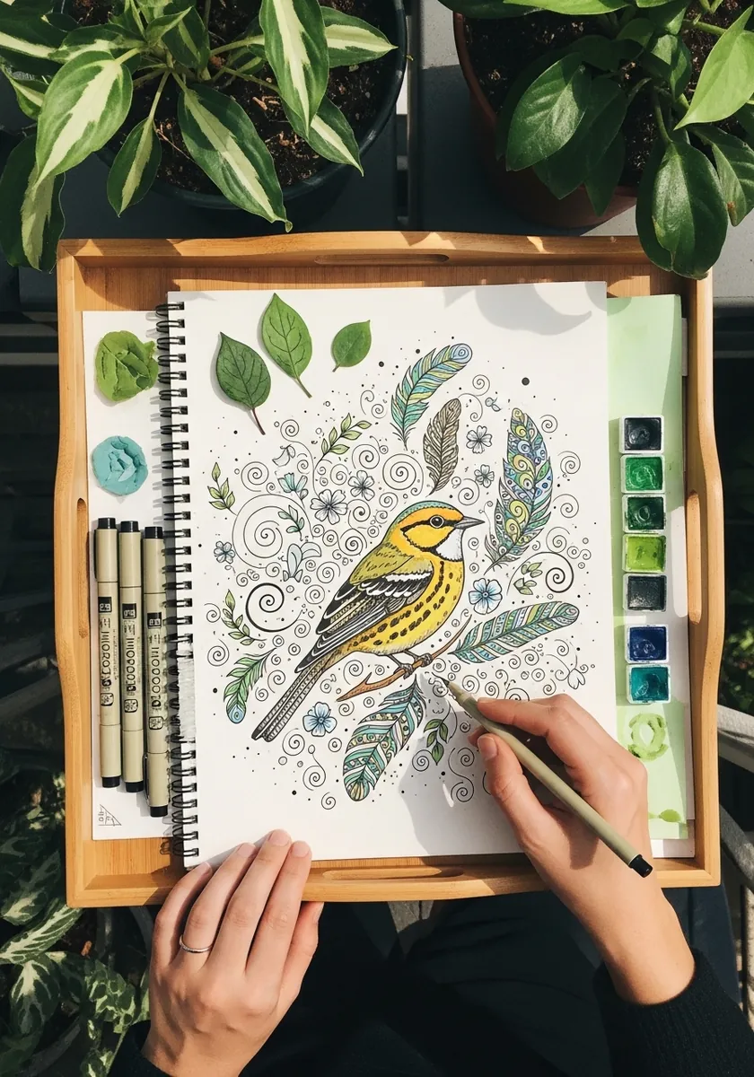 Yellow warbler surrounded by patterned leaves and swirling doodles