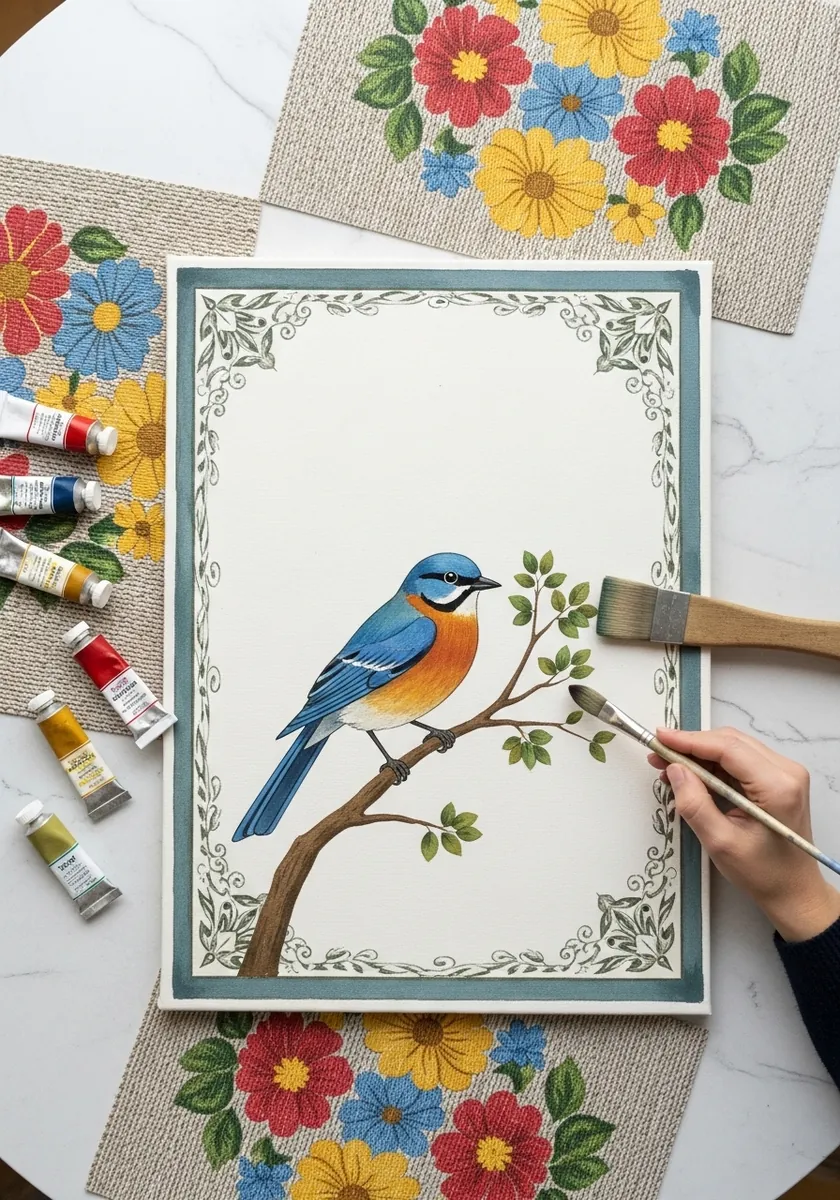 Bluebird on a branch inside a decorative green and blue painted border