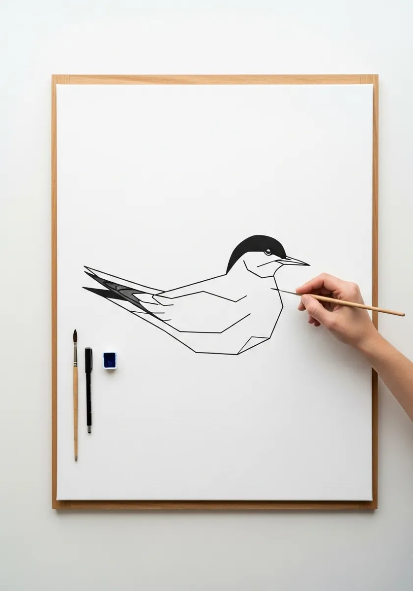 Extremely minimal line drawing of a bird with a solid black head