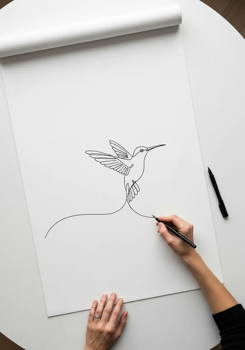 Continuous single line drawing of a hummingbird hovering with a long beak