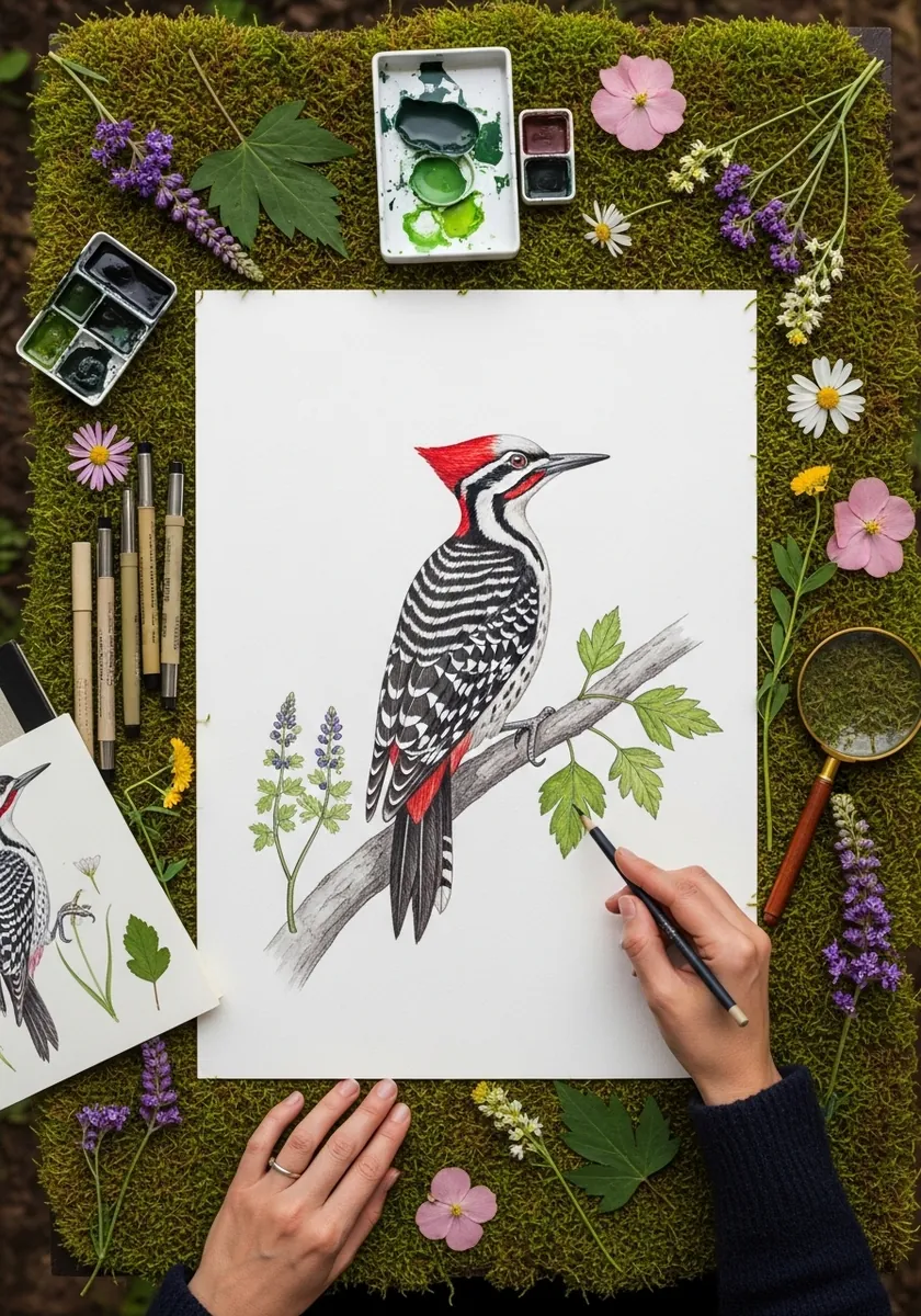 Watercolor woodpecker with red crest on a branch with green leaves