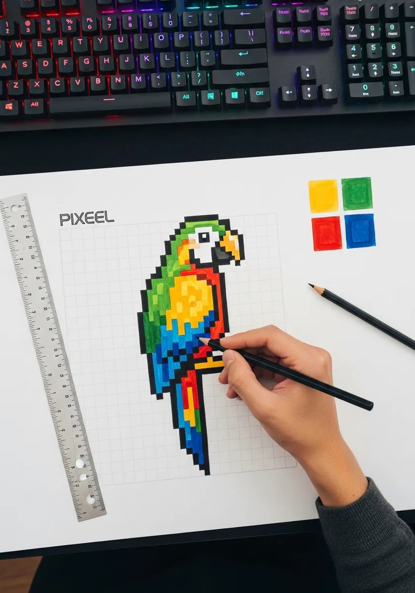 Pixel art parrot in red green and blue drawn square by square on grid paper