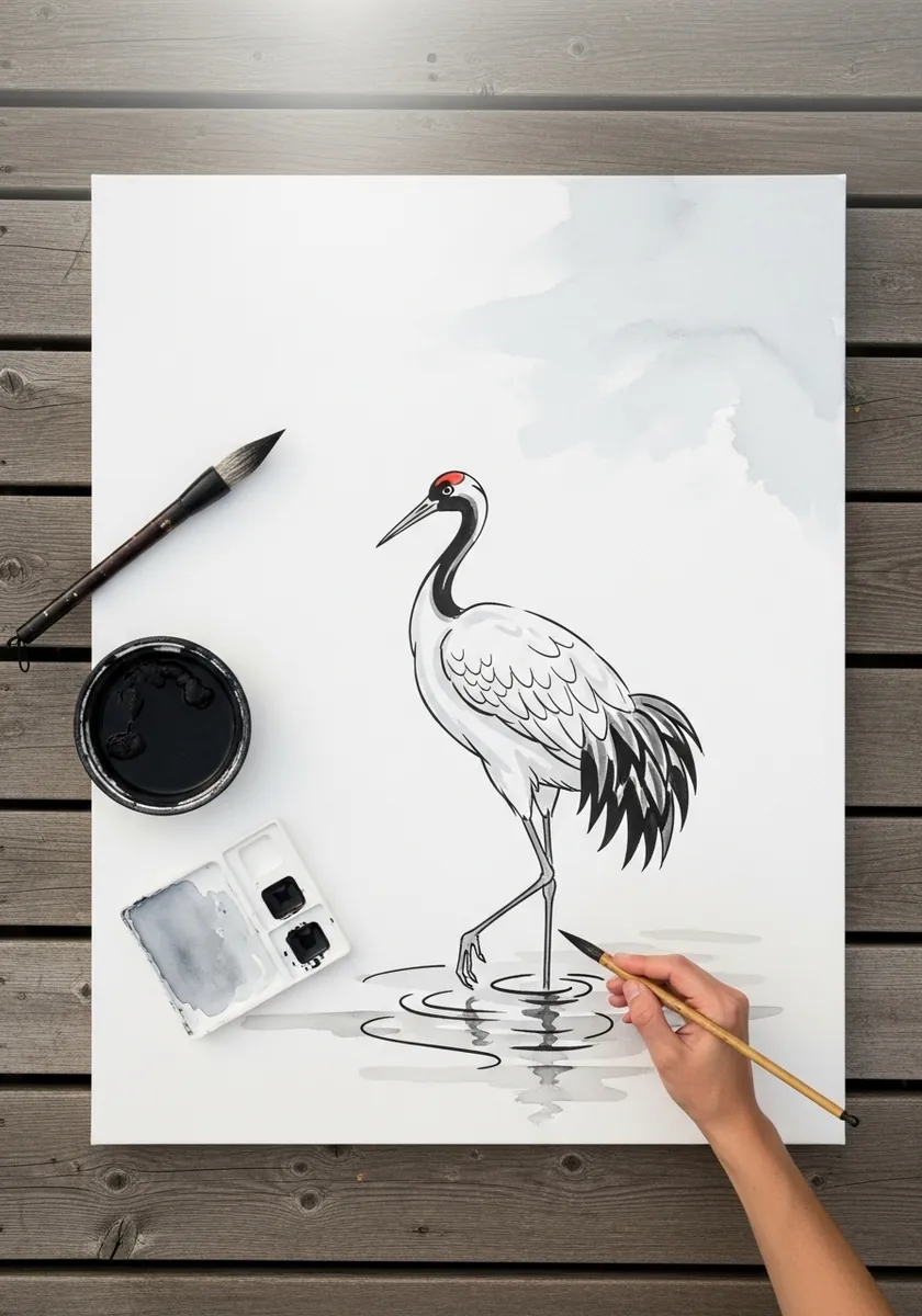 Sumi-e ink crane standing in still water with soft gray wash behind