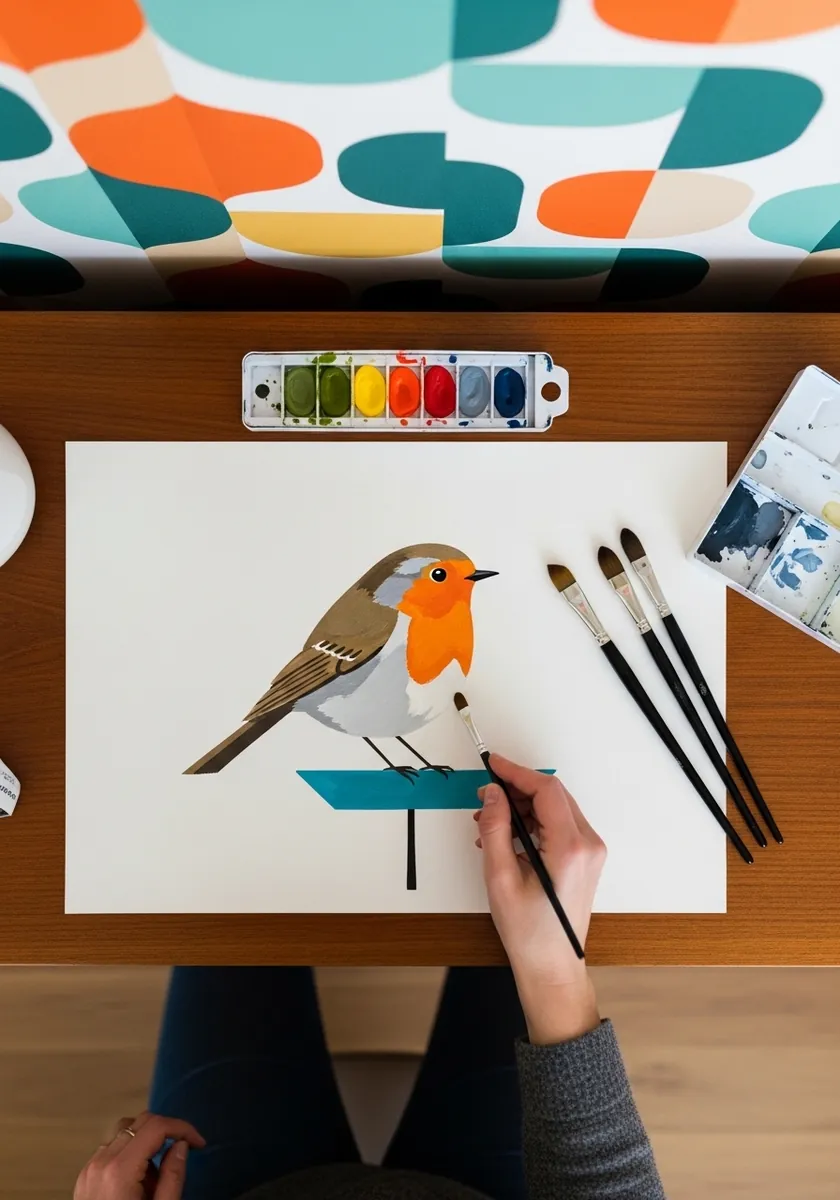 Mid century modern robin made of flat brown orange and teal shapes