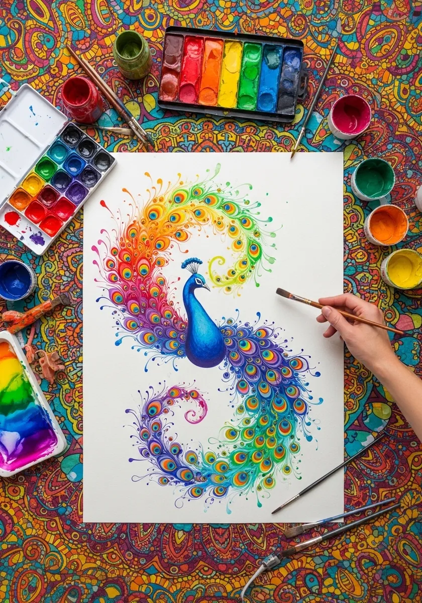 Rainbow peacock with swirling spiral tail feathers in every color