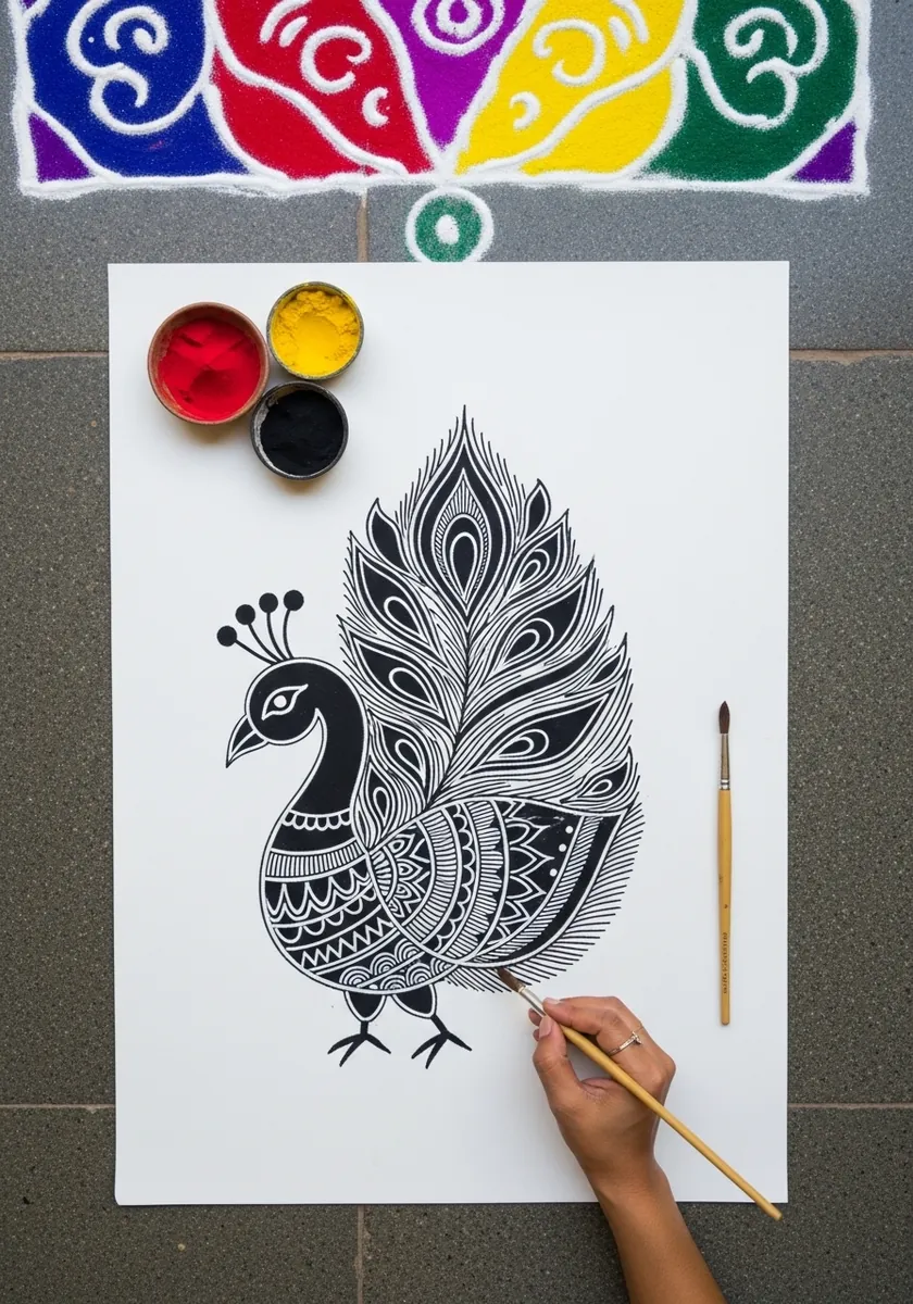 Folk art peacock drawn in bold black line with intricate feather patterning