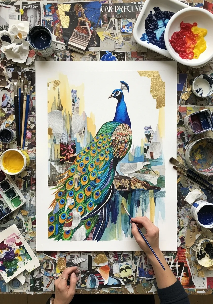 Watercolor peacock painted over a collage of torn magazine paper and gold leaf