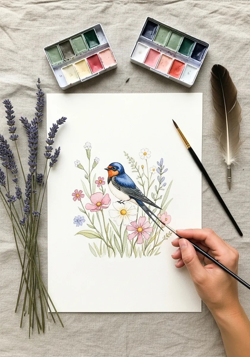 Watercolor swallow perched among pale pink and white wildflowers
