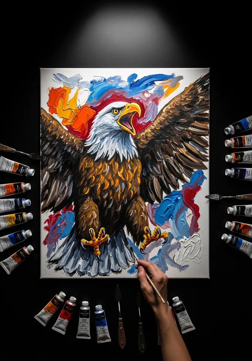 Expressive palette knife painting of an eagle with red and blue background strokes
