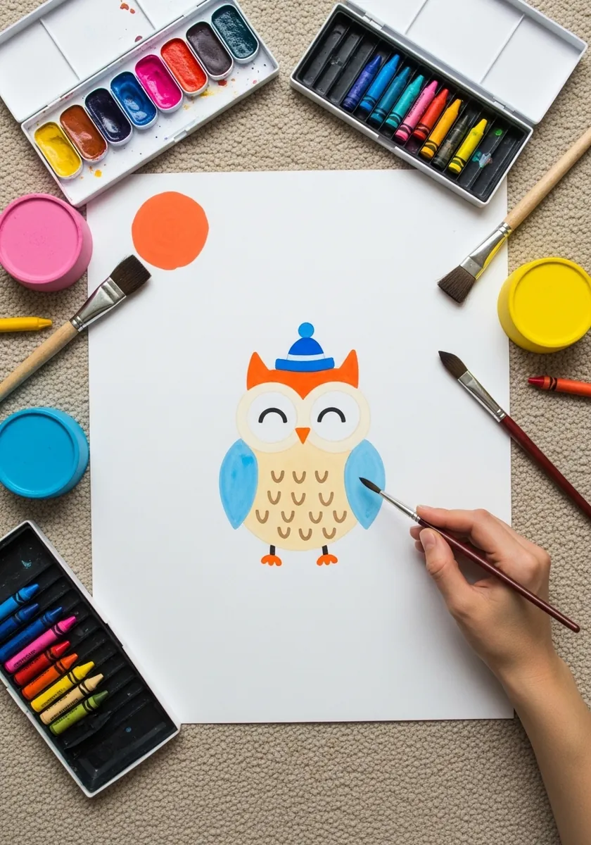 Simple flat illustration of an owl wearing a small blue winter hat