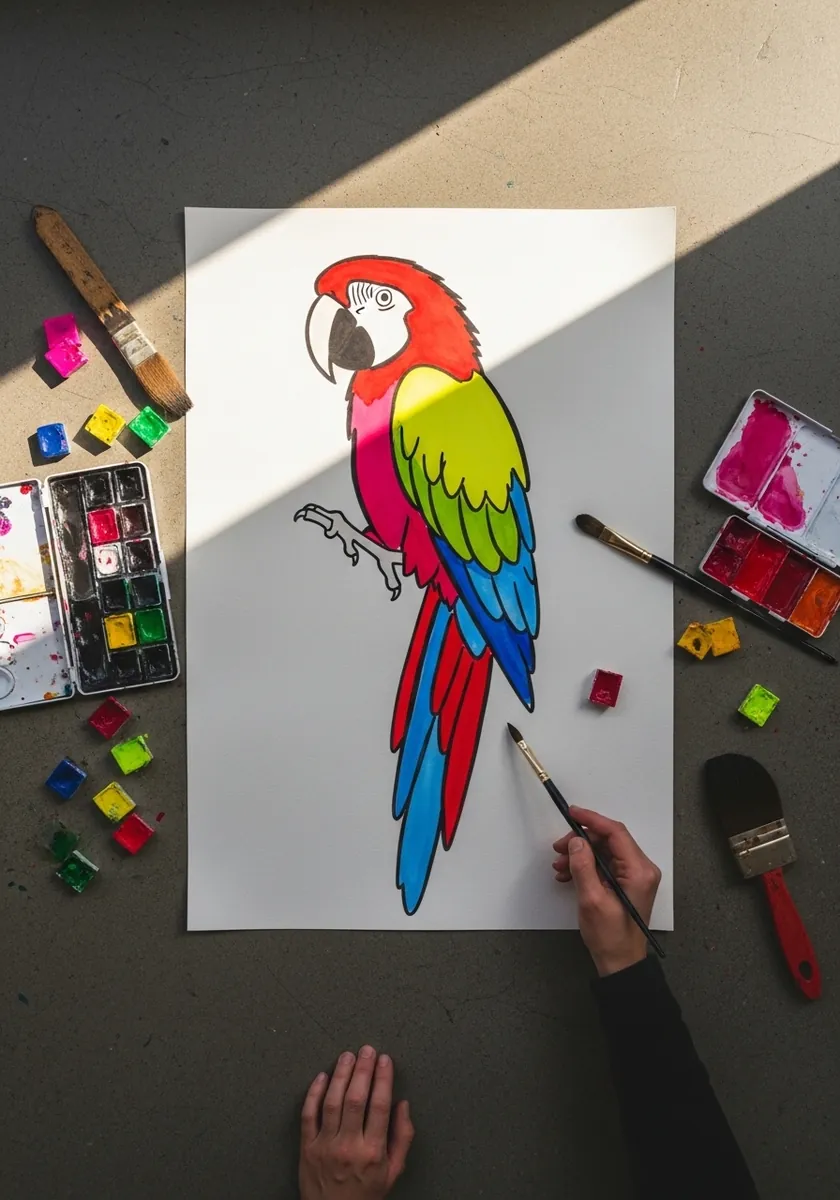 Cartoon macaw parrot in bright red yellow and blue with heavy black outlines