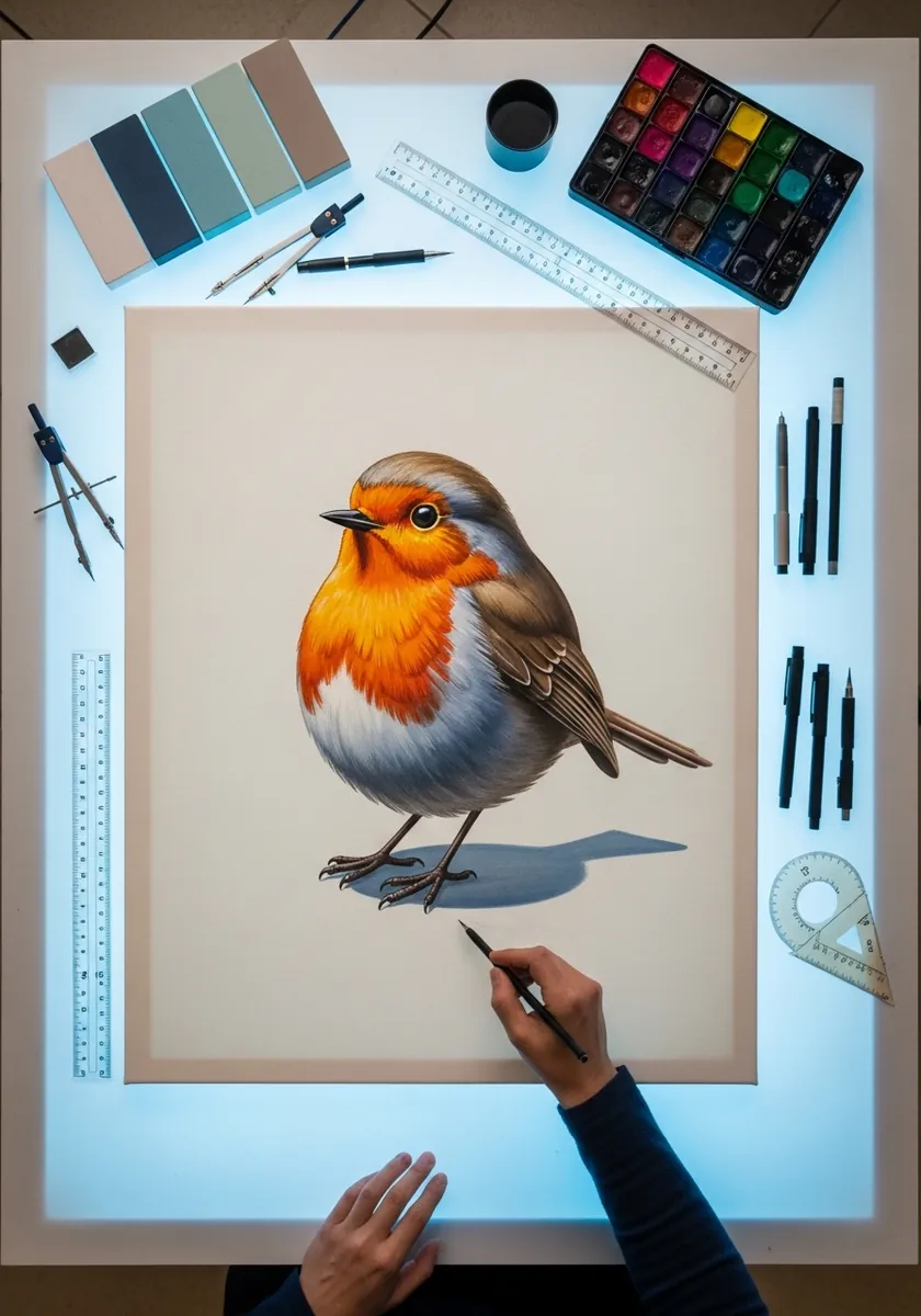 Realistic colored pencil robin standing with a soft cast shadow behind it