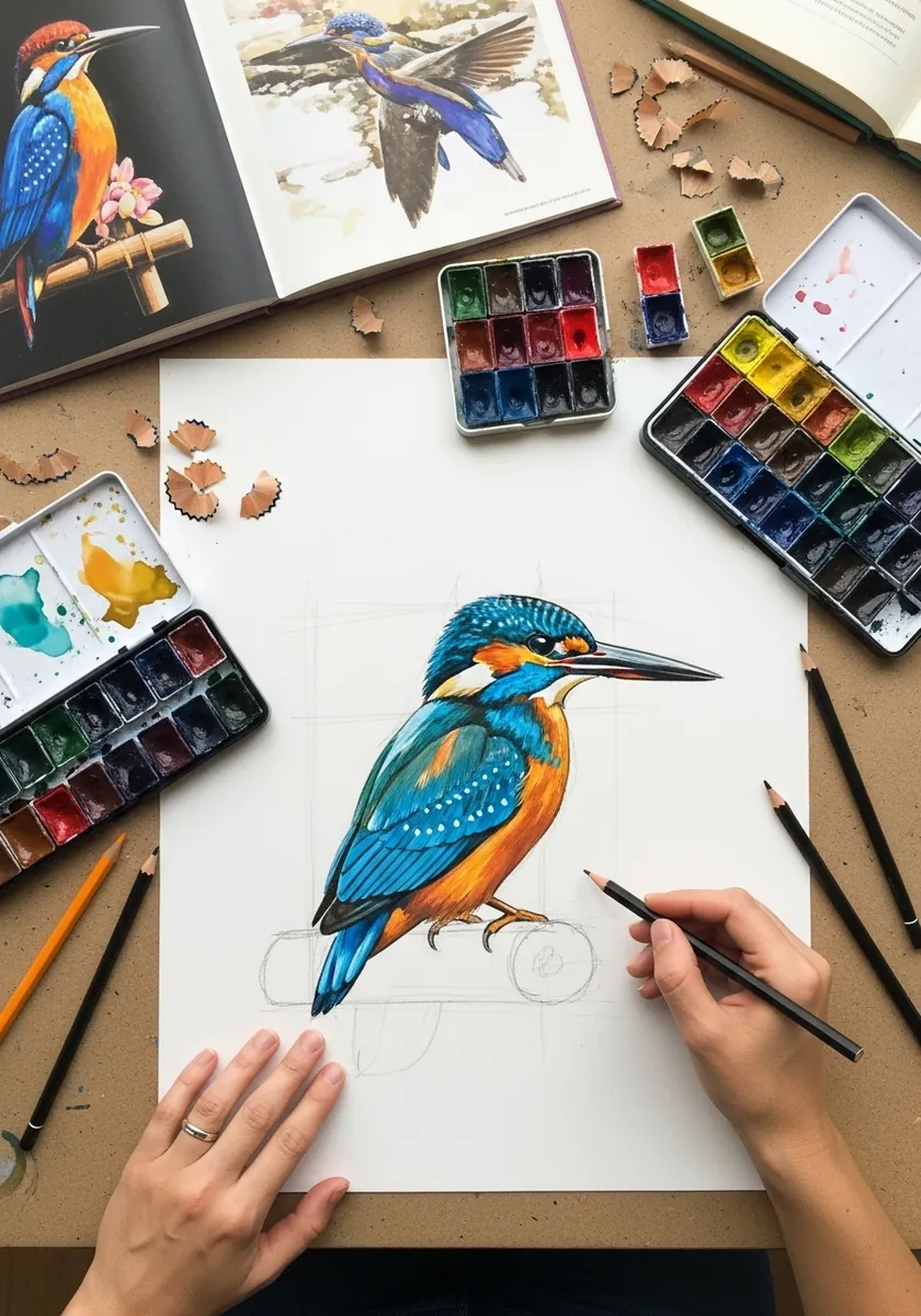 Colored pencil kingfisher with the underlying pencil construction lines visible