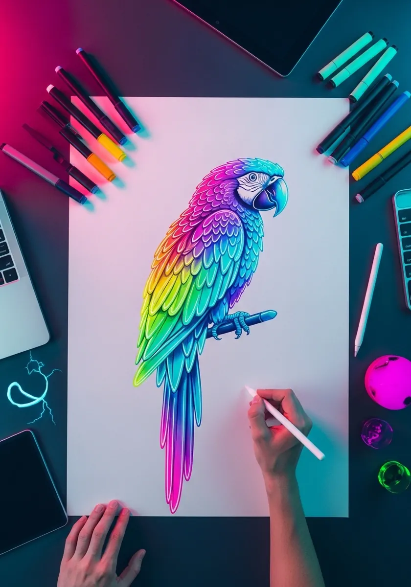 Macaw drawn in a glowing neon gradient from pink through green to blue