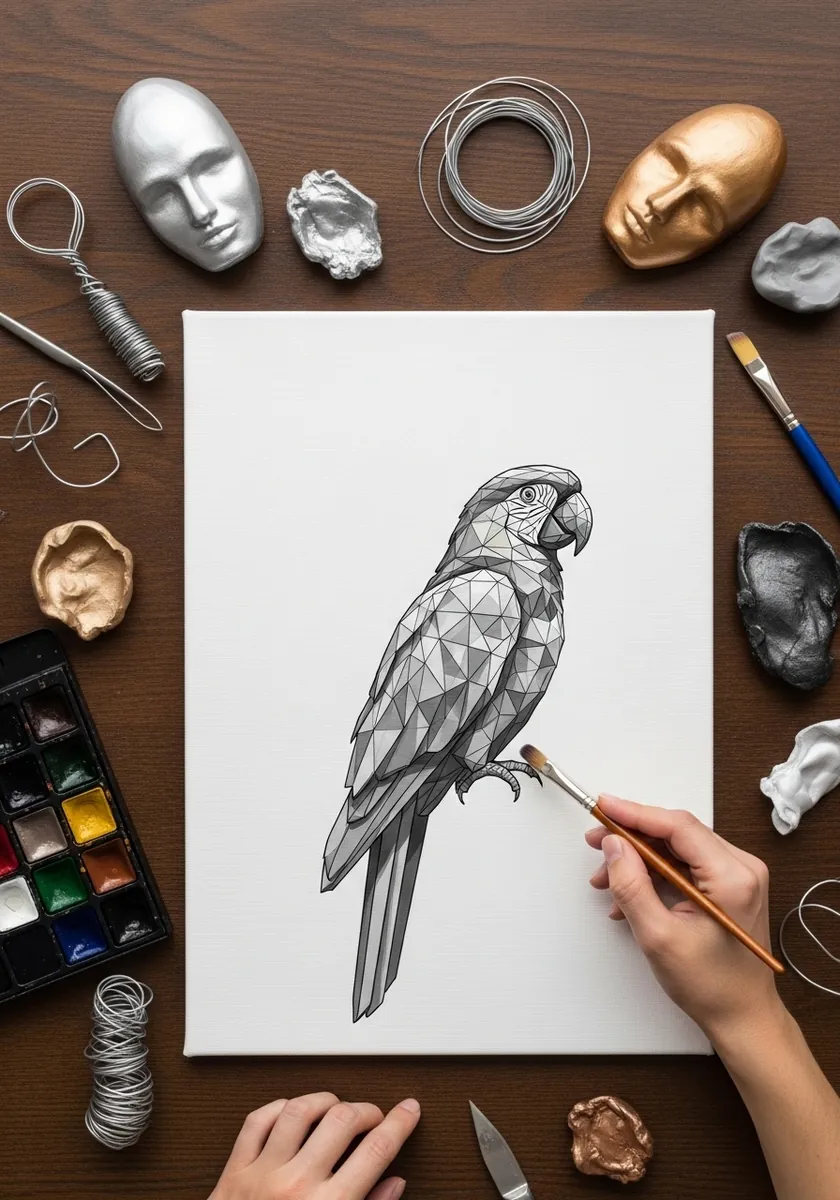 Geometric graphite parrot built from small triangular facets on white paper