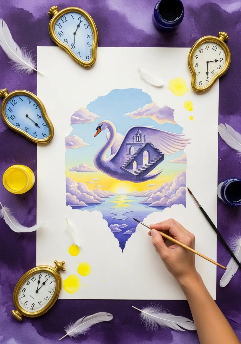 Surreal swan on a pastel lake with floating architecture and soft clouds