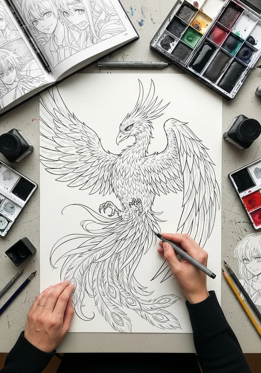 Manga style phoenix with long flowing tail feathers drawn in fine black line