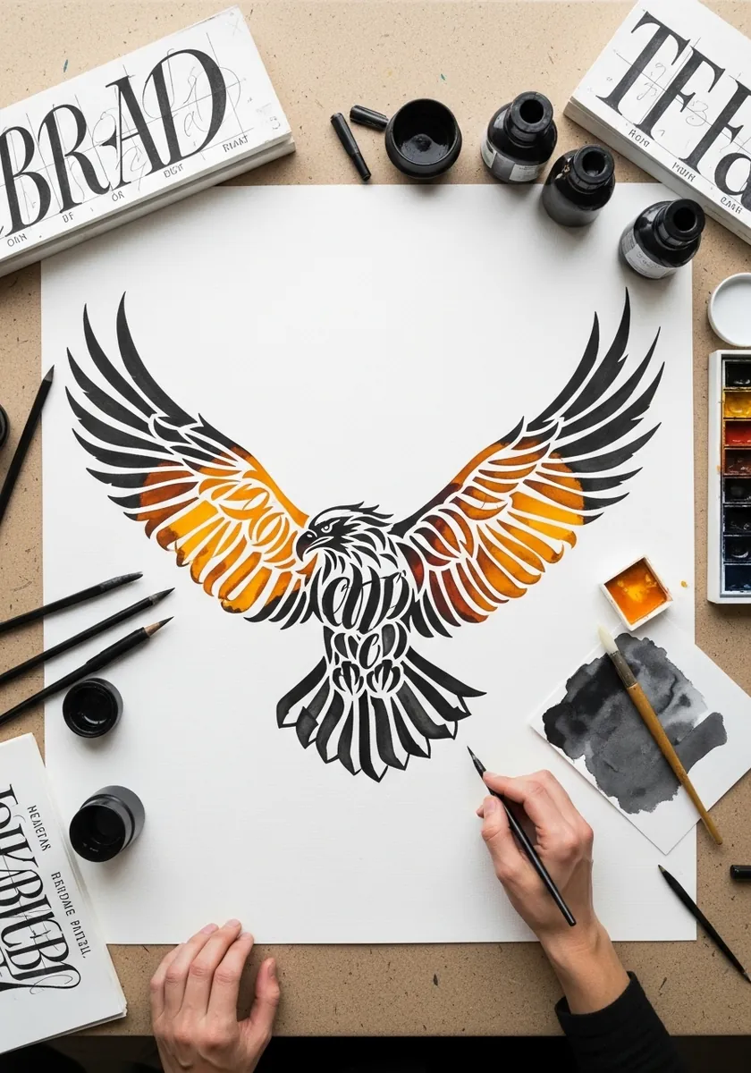 Tribal style eagle with spread wings in solid black and orange gradients