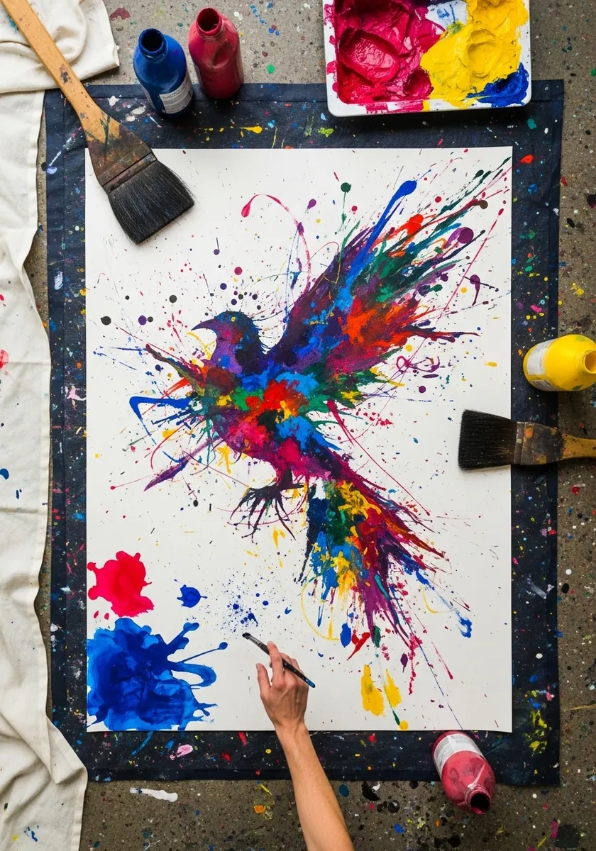 Abstract bird formed from thrown red blue and yellow paint splatters
