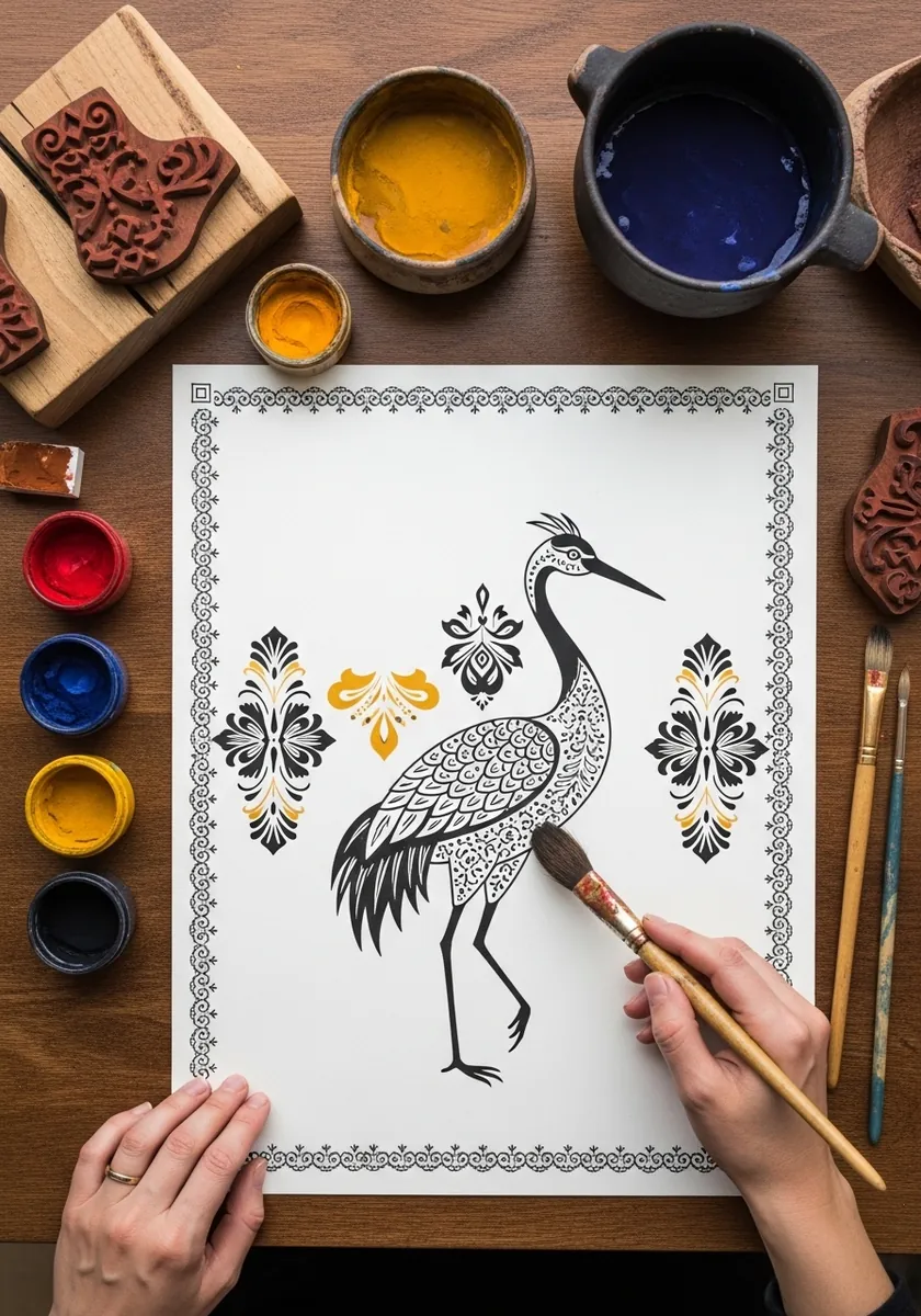 Block print style crane in black and yellow inside a patterned folk border